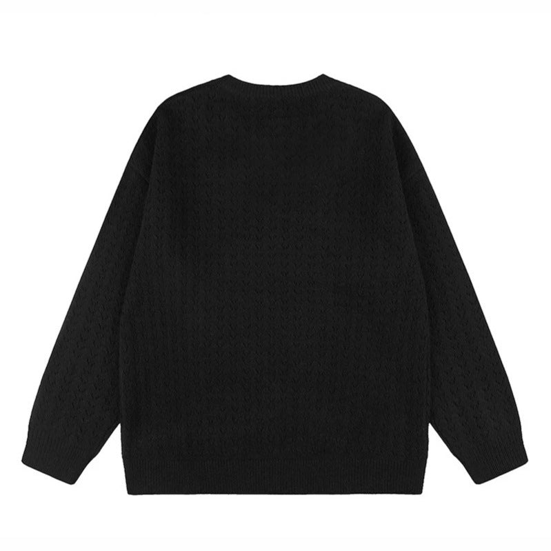 Women's Oversize Knit Sweater with Jacquard Cat Motif and Musical Design Chichicherry