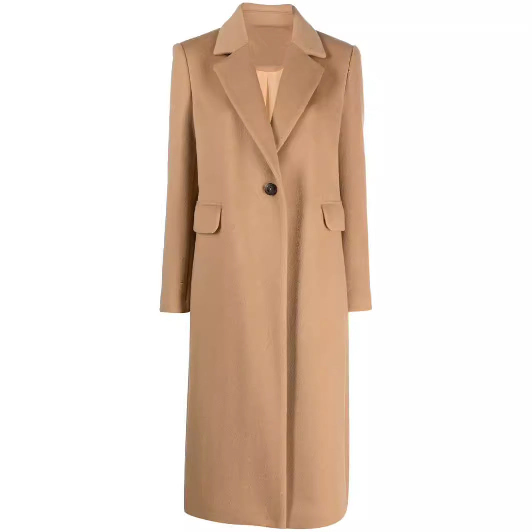 Women's Single-Breasted Wool Blend Long Coat with One-Button Closure and Flap Pockets Chichicherry