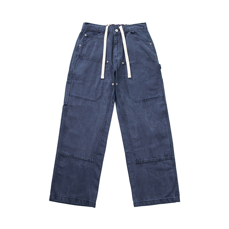 Men's Wide Utility Denim Pants with Drawstring Waistband and Patch Pockets Chichicherry