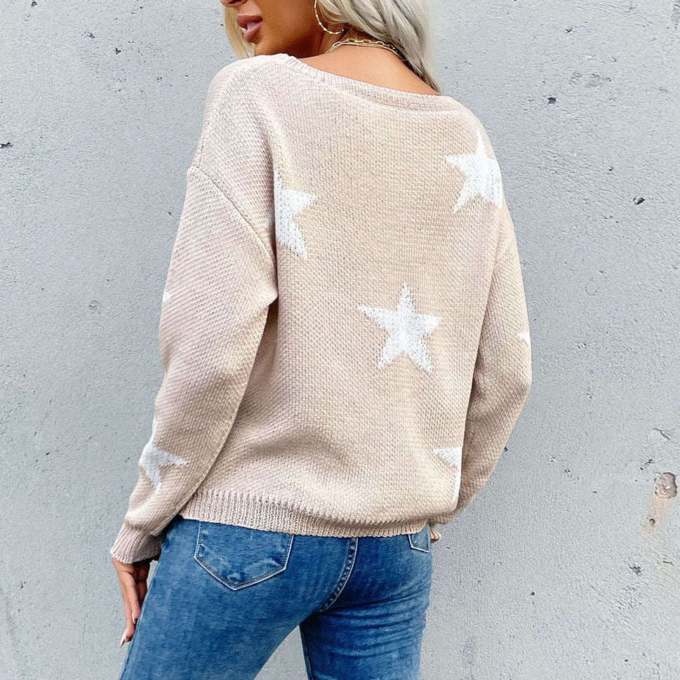 Ladies chunky knit star motif sweater with destroyed hem Chichicherry