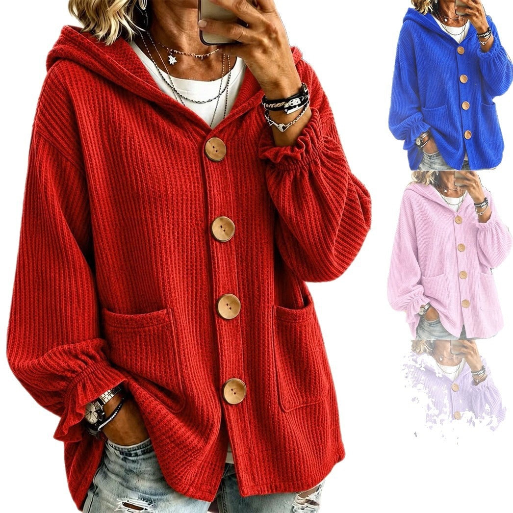 Women's Oversized Hooded Cardigan with Waffle Texture and Wooden Buttons Chichicherry