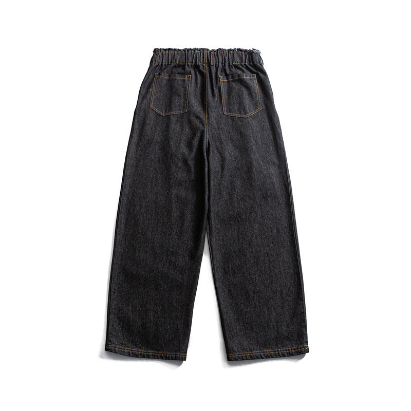 Men's Loose Denim Pants with Elastic Drawstring Waistband and Pleats Chichicherry