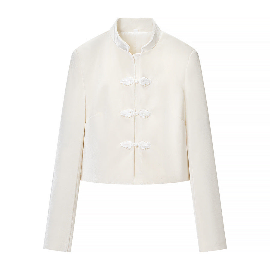 Women's Cropped Jacket in Mandarin Style with Stand Collar and Decorative Knot Closures Chichicherry
