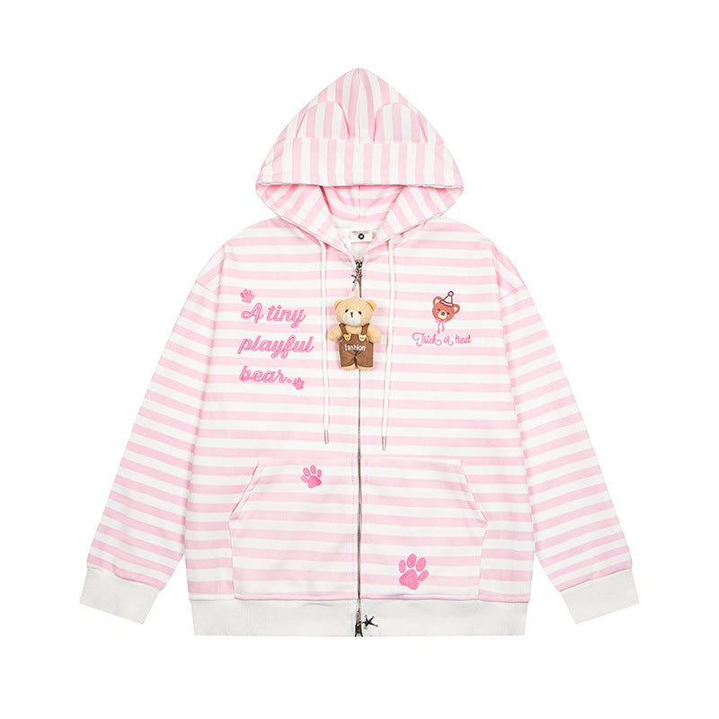 Women's Striped Hooded Sweat Jacket with Teddy Pendant, Ear Hood and Embroidery Detail Chichicherry