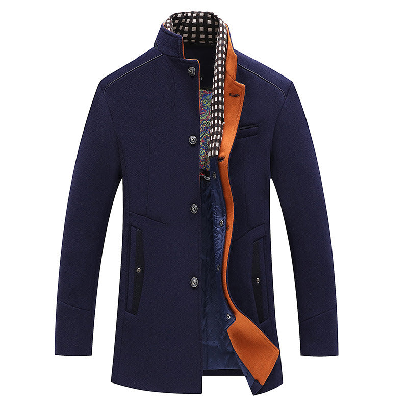 Men's Modern Wool Blend Overcoat with Stand-up Collar, Tailored Silhouette and Quilted Inner Lining Chichicherry