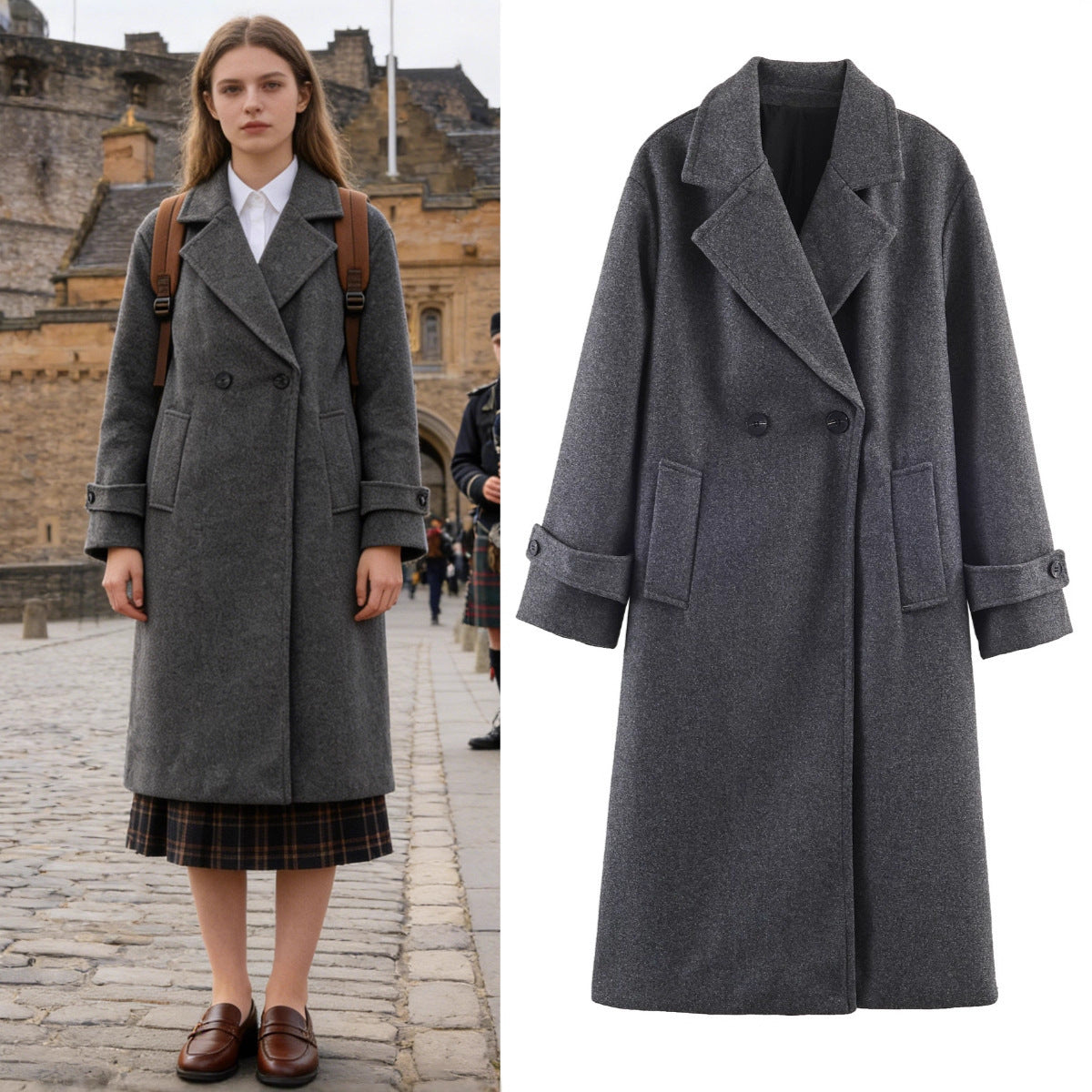 Women Oversized Wool Blend Coat with Double-Breasted Closure, Wide Lapels and Sleeve Tabs Chichicherry