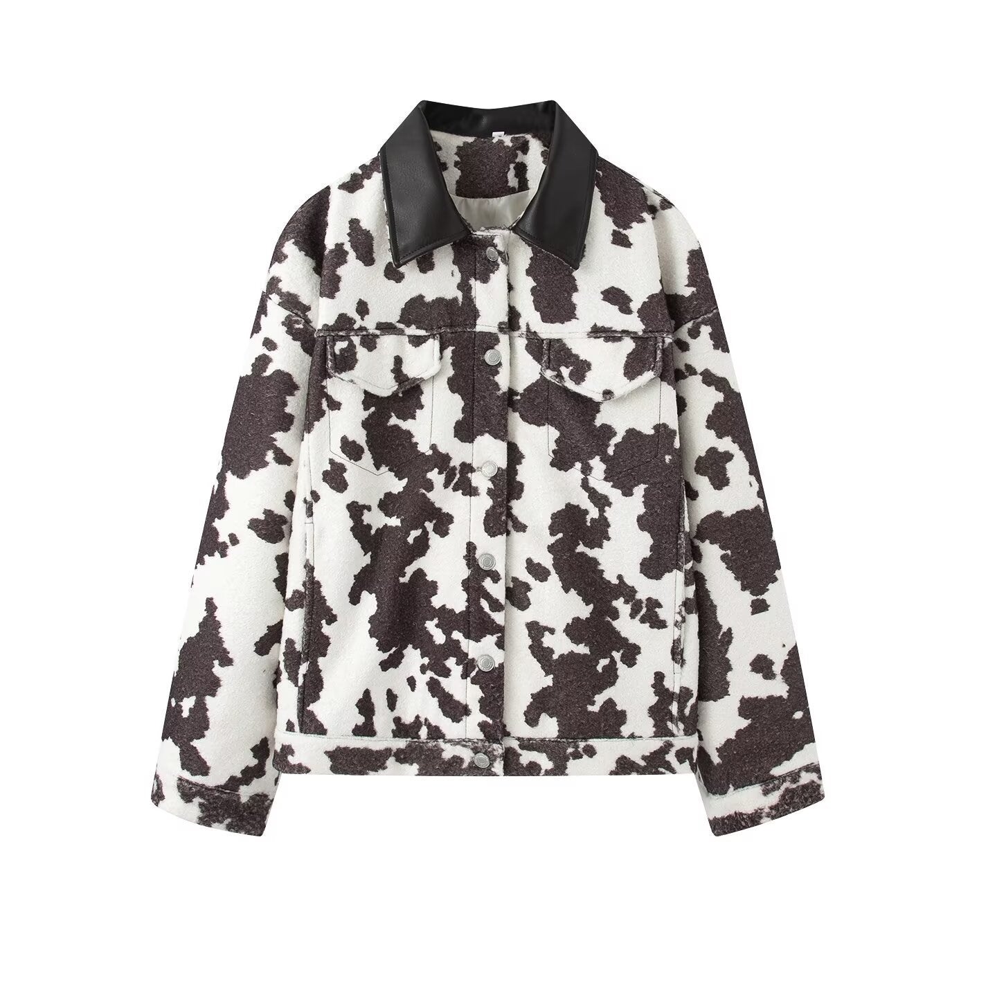 Women’s Short Jacket in Trucker Style with Cow Spot Pattern and Faux Leather Collar Chichicherry