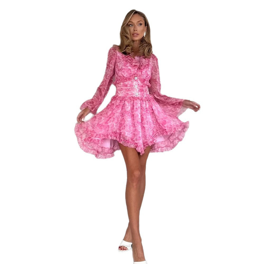 Women Short Ruffled Dress with Tailored Corset Waist and Balloon Sleeves Chichicherry
