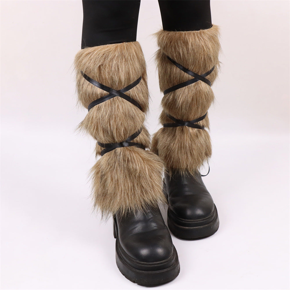 Ladies high-pile leg warmers with faux fur look and wrap straps Chichicherry