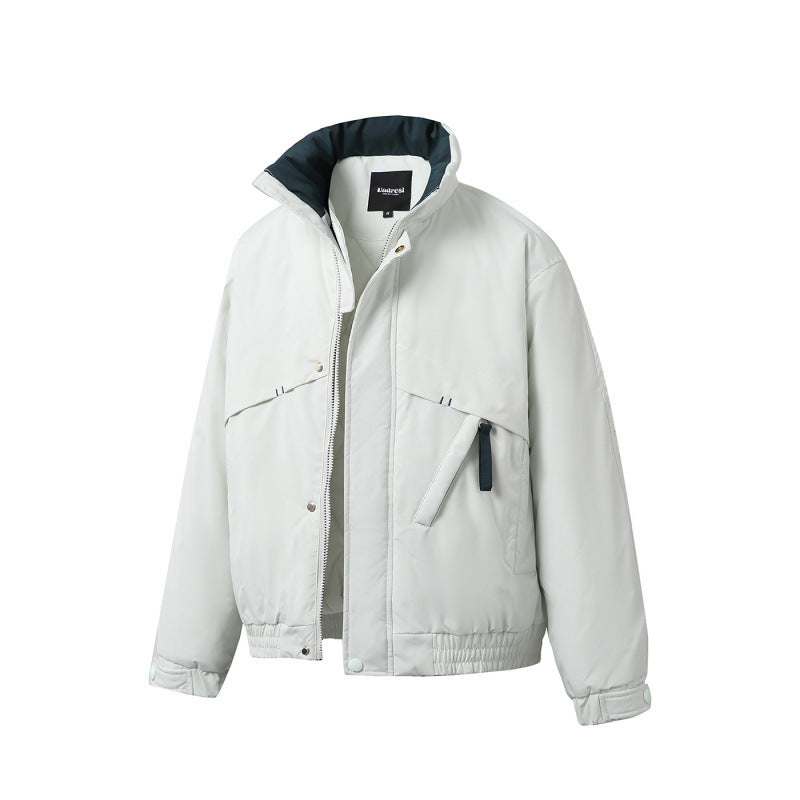 Unisex Boxy Padded Short Jacket with Asymmetric Pockets and High Stand-up Collar Chichicherry