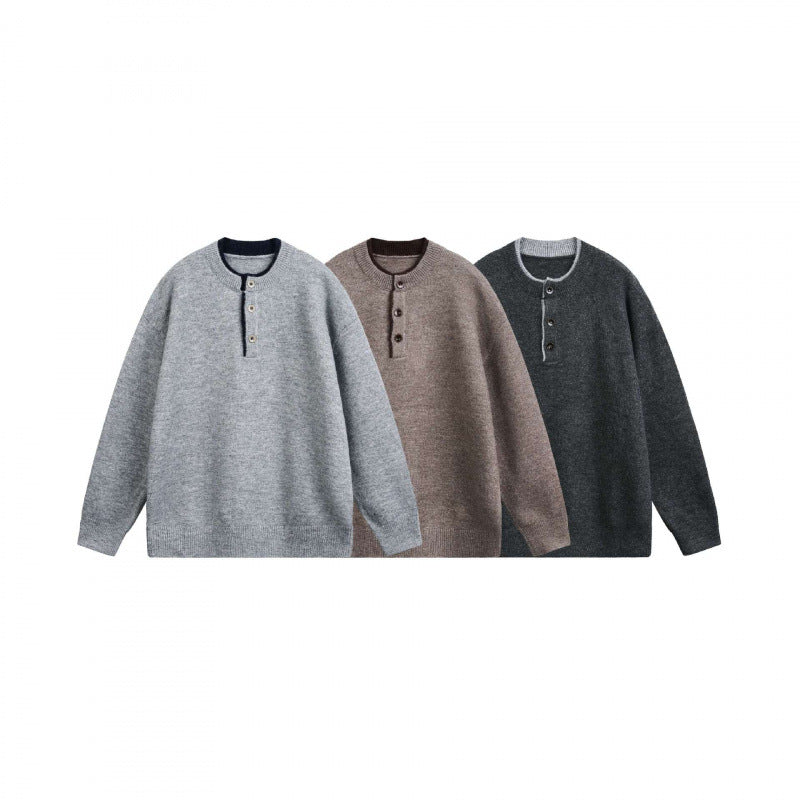 Unisex Chunky Knit Henley Sweater with Half Button Placket and Ribbed Neckline Chichicherry