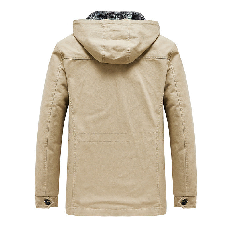 Men's Hooded Canvas Field Jacket with Camouflage Lining, Multifunctional Pockets and Zipper Button Placket Chichicherry