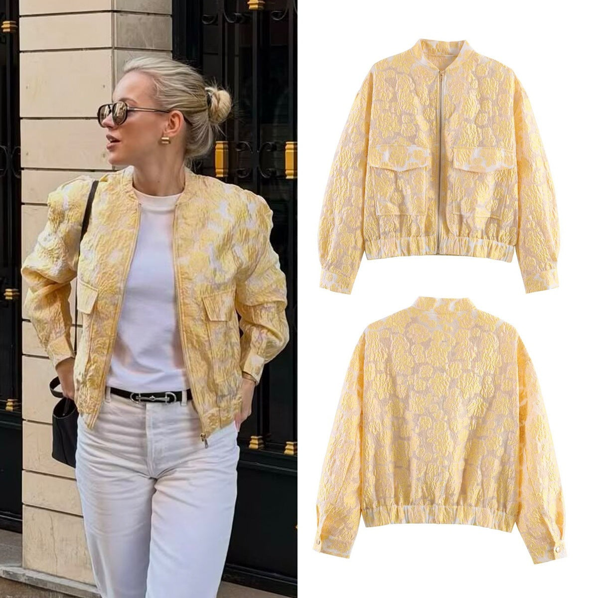 Women's short cut quilted bomber jacket with floral jacquard texture, elastic hem and patch pockets Chichicherry