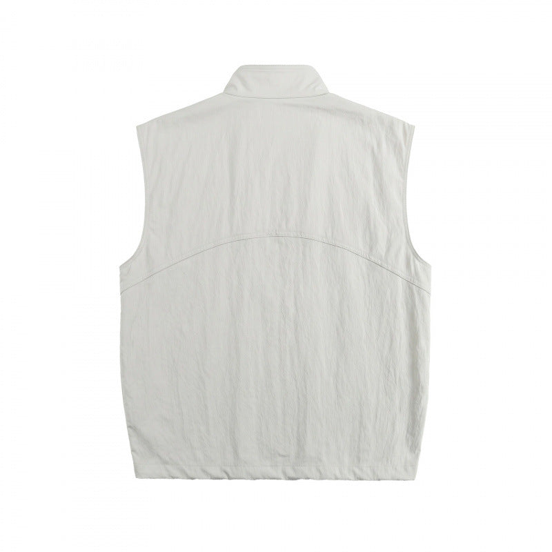 Unisex Boxy Padded Sleeveless Vest with High Stand-Up Collar, Hidden Snap Button Placket and Flap Pockets Chichicherry