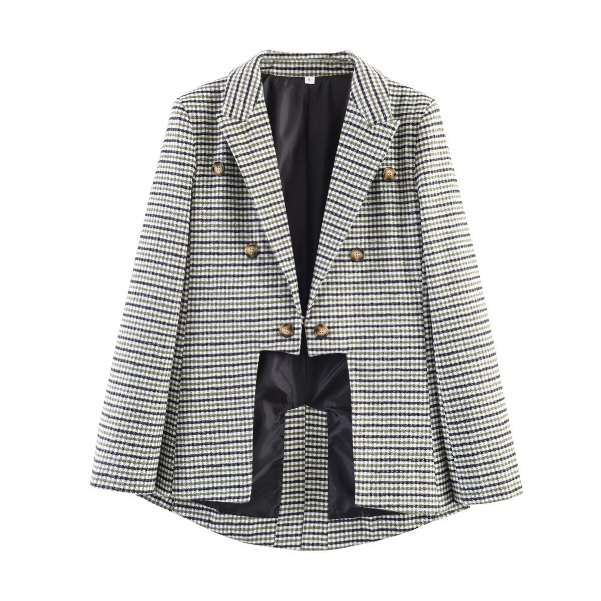 Women Double-Breasted Houndstooth Blazer with Tail Hem and Lapel Collar Chichicherry
