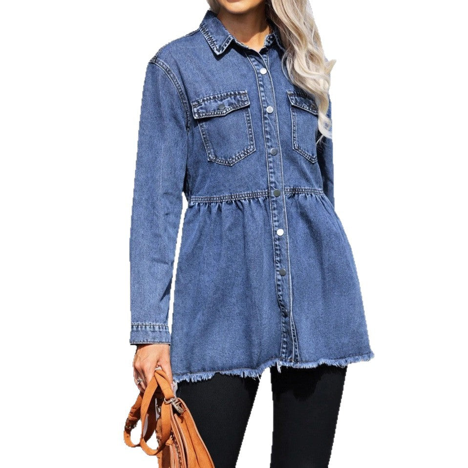 Women's tailored longline denim jacket with gathered waist, snap-button placket & frayed hem Chichicherry