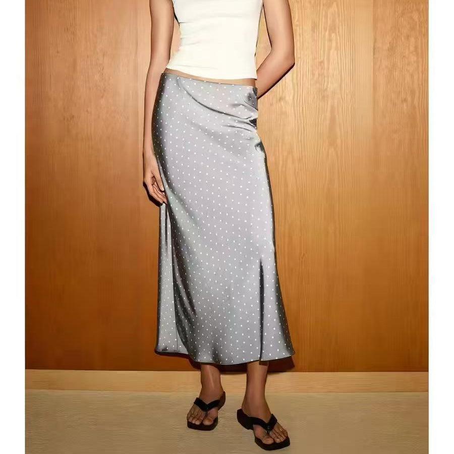 Women's midi skirt made of satin in A-line cut with high waist and polka dot print Chichicherry