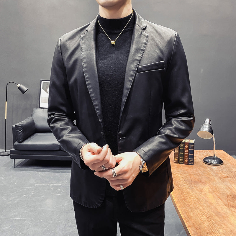 Men's Slim-Fit Leather Blazer with Tailored Silhouette and Classic Lapel Collar Chichicherry