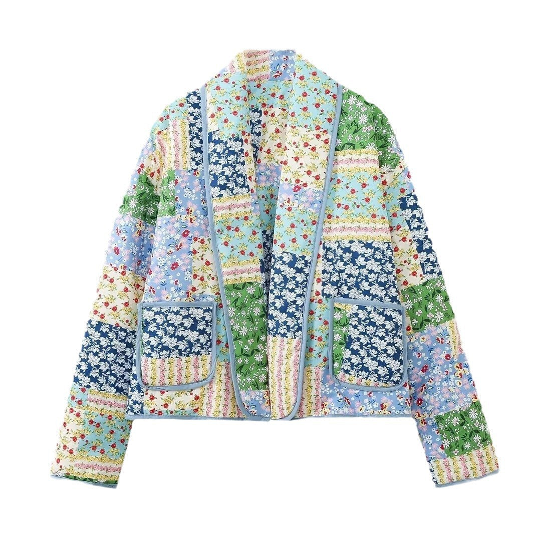 Ladies quilted patchwork quilted jacket with open shawl collar and patch pockets Chichicherry
