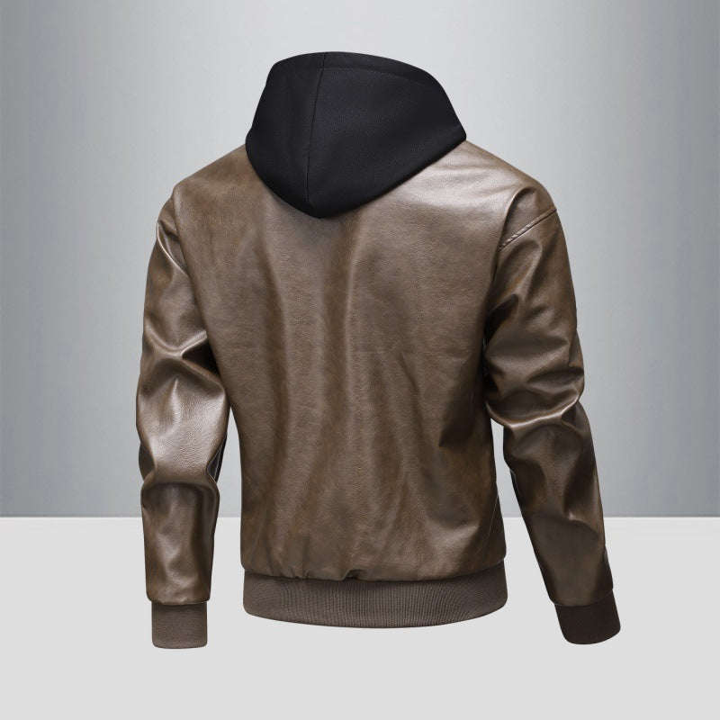 Men's leather bomber jacket with integrated hood insert and ribbed cuffs Chichicherry