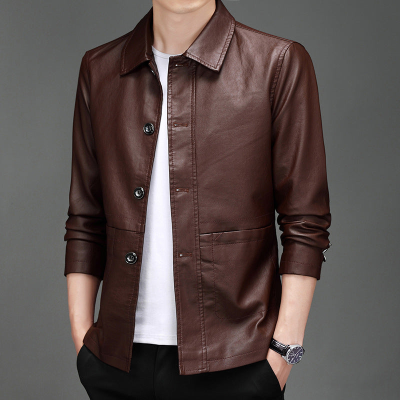 Men's Minimalist Faux Leather Overlay Shirt with Shirt Collar and Patch Pockets Chichicherry