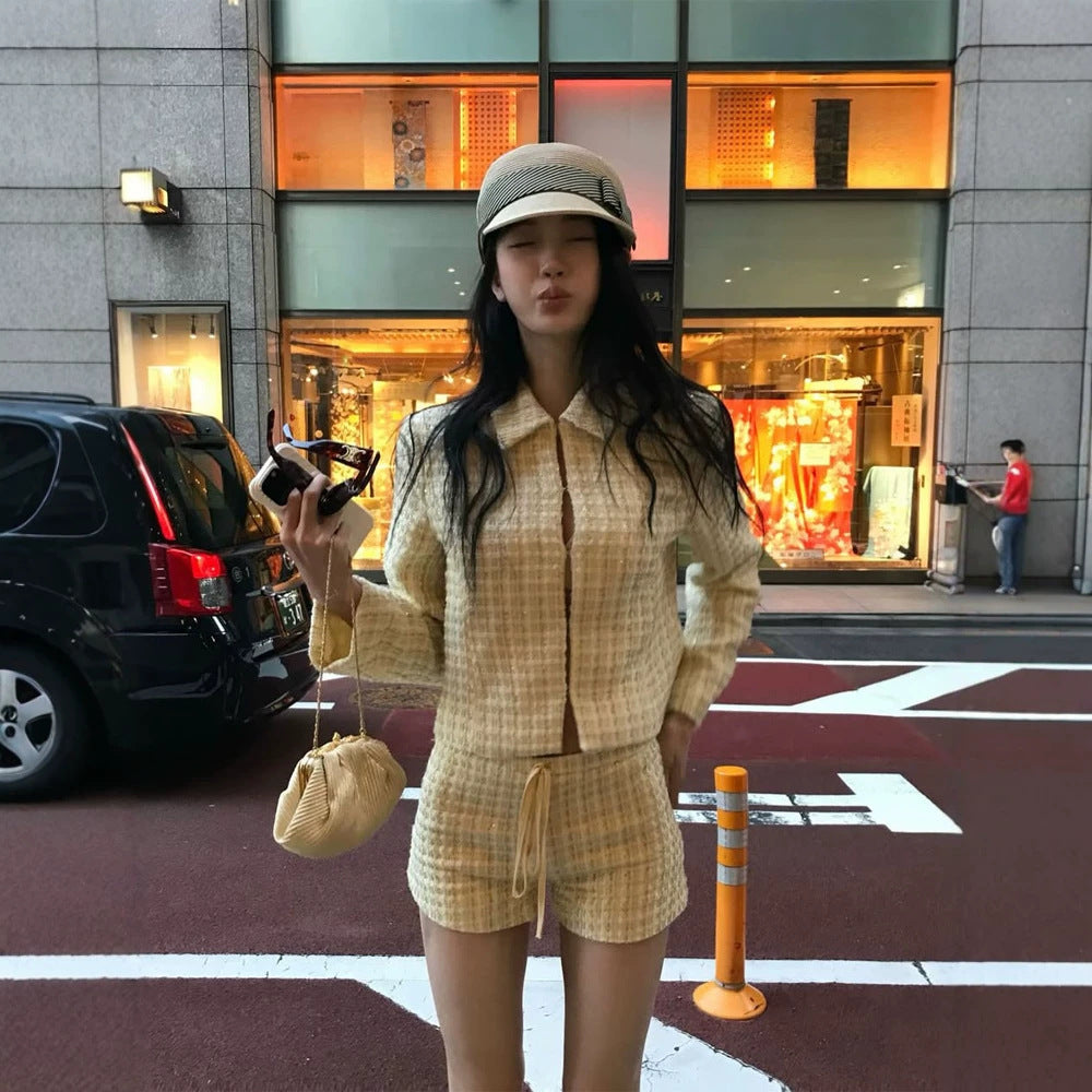 Women Two-Piece Boucle Set with Short Jacket and Drawstring Shorts Chichicherry