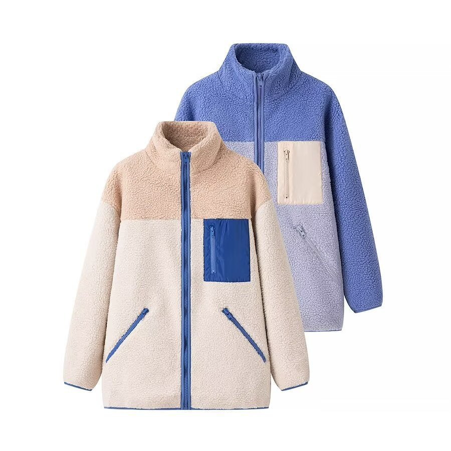 Women's Oversize Teddy-Fleece Jacket with Color Block, Stand Collar and Zipper Pockets Chichicherry