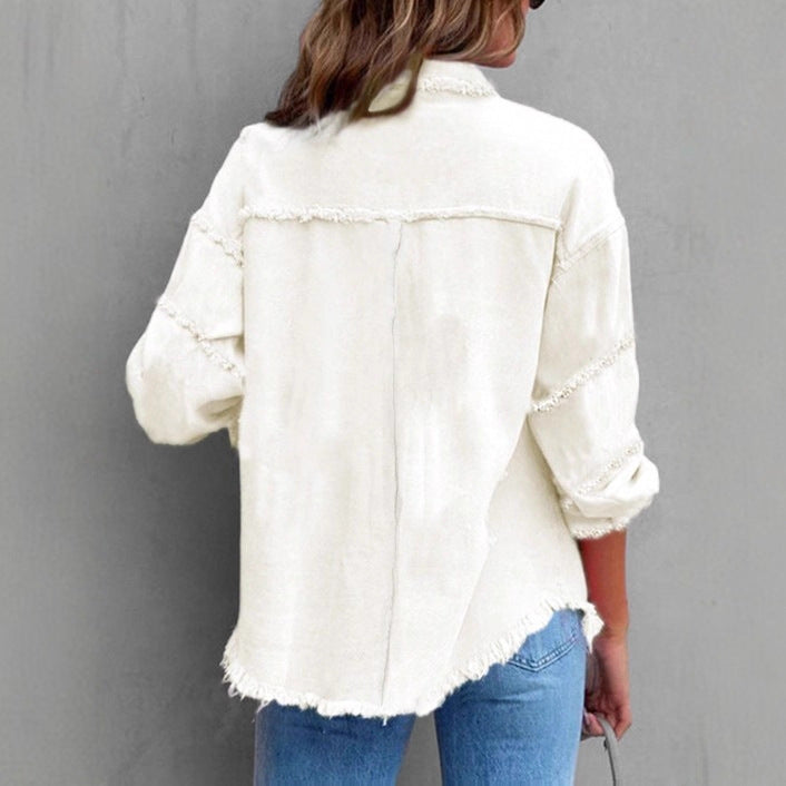 Women's Casual Denim Shirt-Style Jacket with Raw Edge and Snap Button Placket Chichicherry