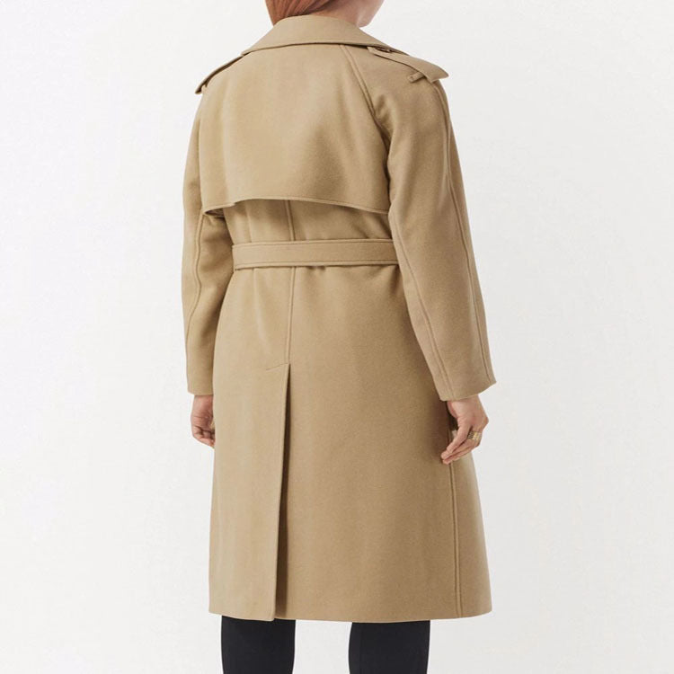 Women Mid-length Wool Blend Long Coat with Double Shoulder Yoke, Flap Pockets and Subtle Waistline Chichicherry