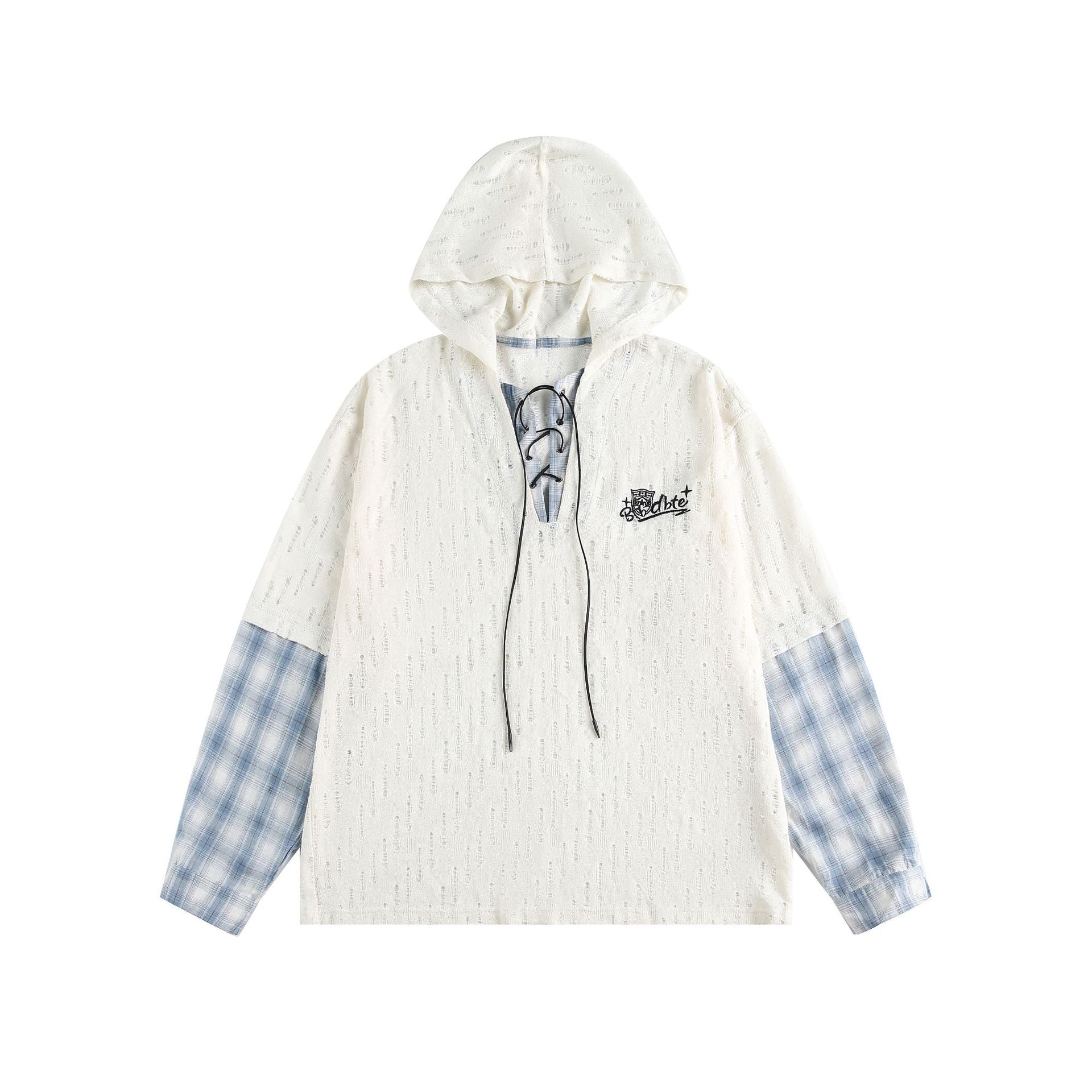 Unisex Casual Hoodie in Layering Look with Lace-Up V-Neck Chichicherry