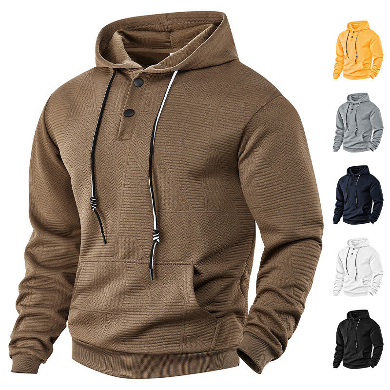 Men's Textured Hoodie with Quilted Patch Structure and Snap Button Placket Chichicherry