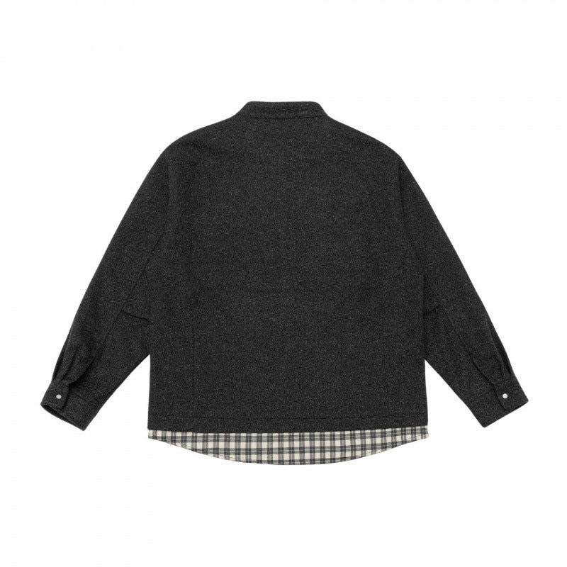 Unisex Oversize Wool Blend Shirt Jacket with Stand-up Collar, Snap Button Placket and Checked Hem Band Chichicherry