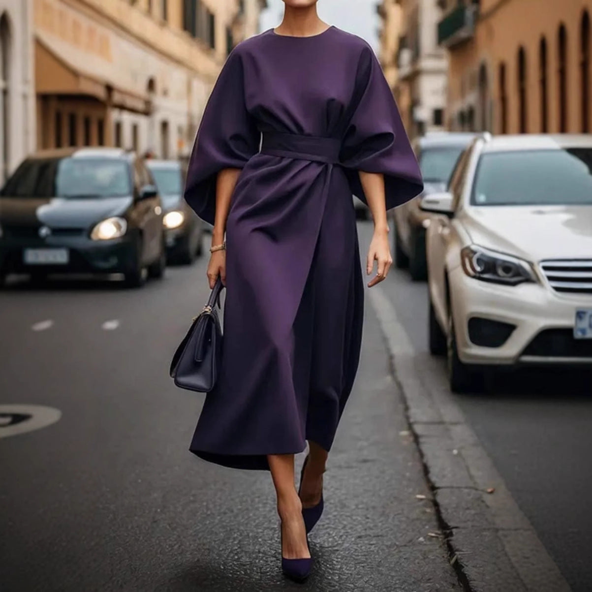 Damen Elegantes Midikleid mit weitem Kimonoärmel, tailliertem Gürtel und drapierter A‑Linie Chichicherry