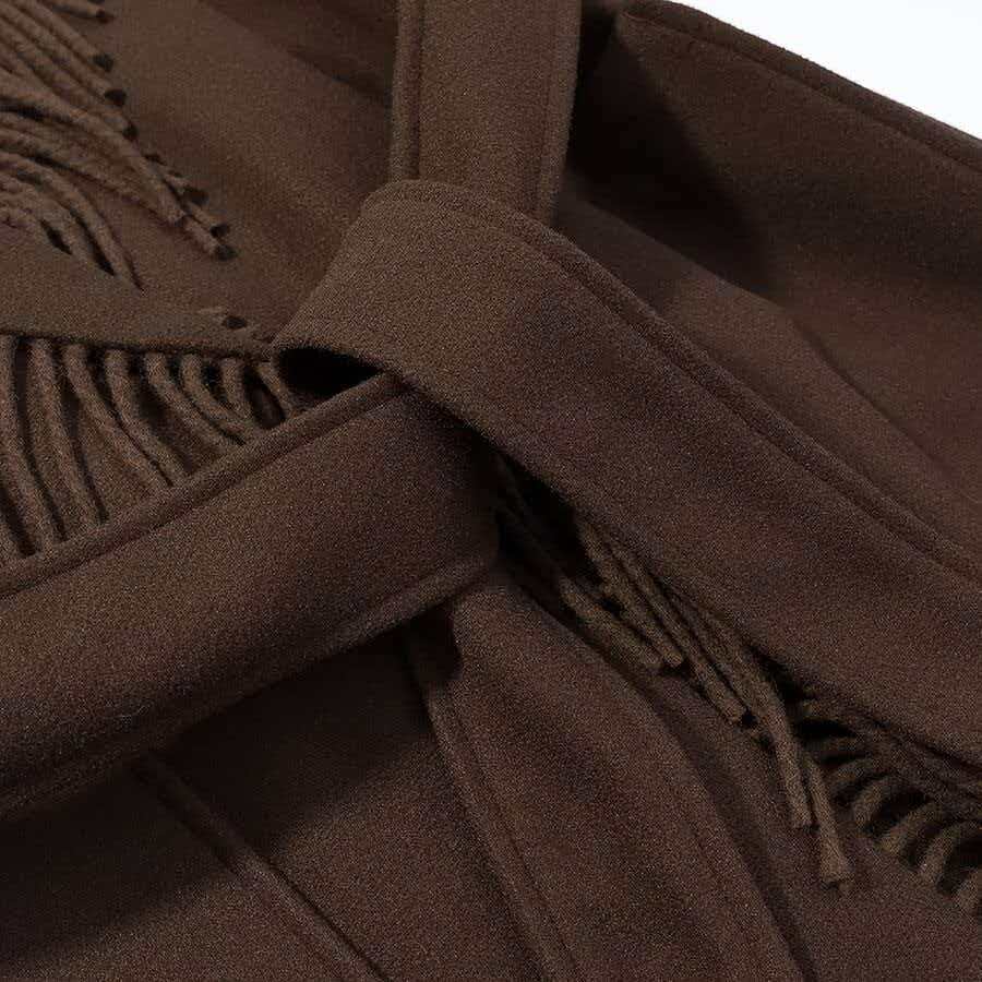 Ladies Long Fringe Wool Blend Coat with Hood, Tie Belt and Patch Pockets Chichicherry