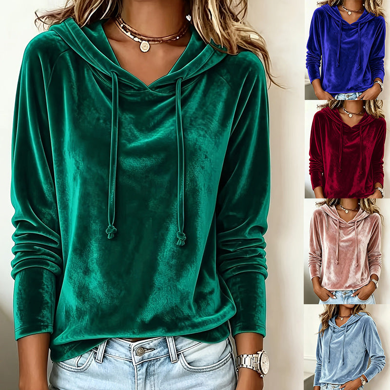 Women Velvet Hoodie with Hood Drawstring and Casual Cut Chichicherry