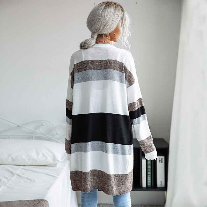 Women's Oversize Longer Knitted Cardigan with Block Stripes and Open Front Chichicherry