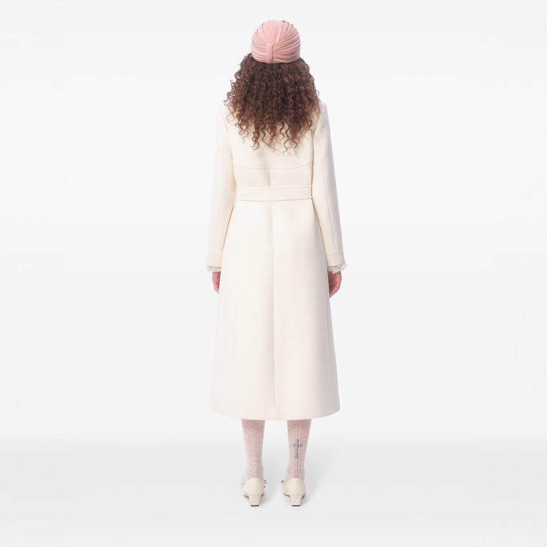 Women's longer tailored wool coat with tie belt and lace trim Chichicherry