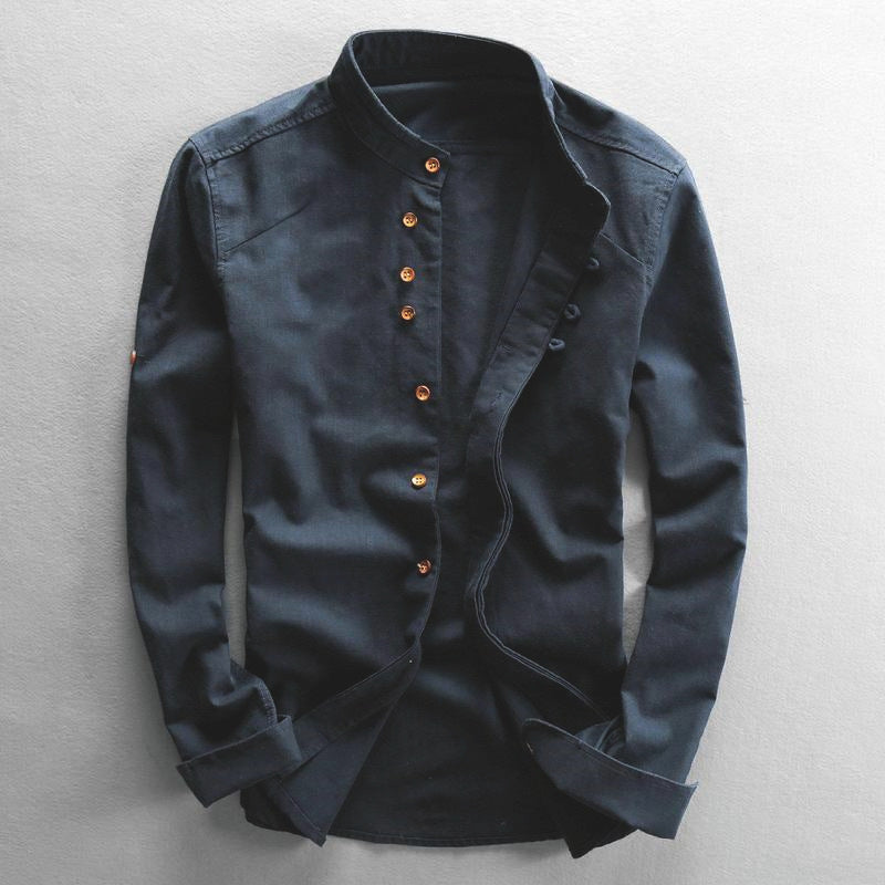 Men's Lightweight Cotton-Linen Overshirt with Stand Collar and Button Placket Detail Chichicherry