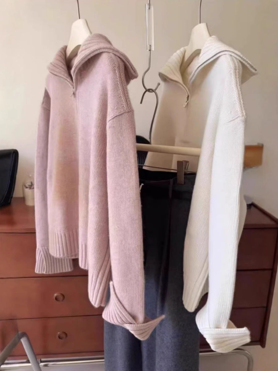 Women Oversized Fine Knit Sweater with Half Zipper and Wide Turtleneck Chichicherry