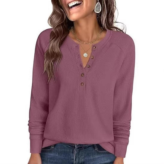 Ladies Waffle Knit Henley Long Sleeve with Button Placket, Raglan Sleeves and Ribbed Cuffs Chichicherry