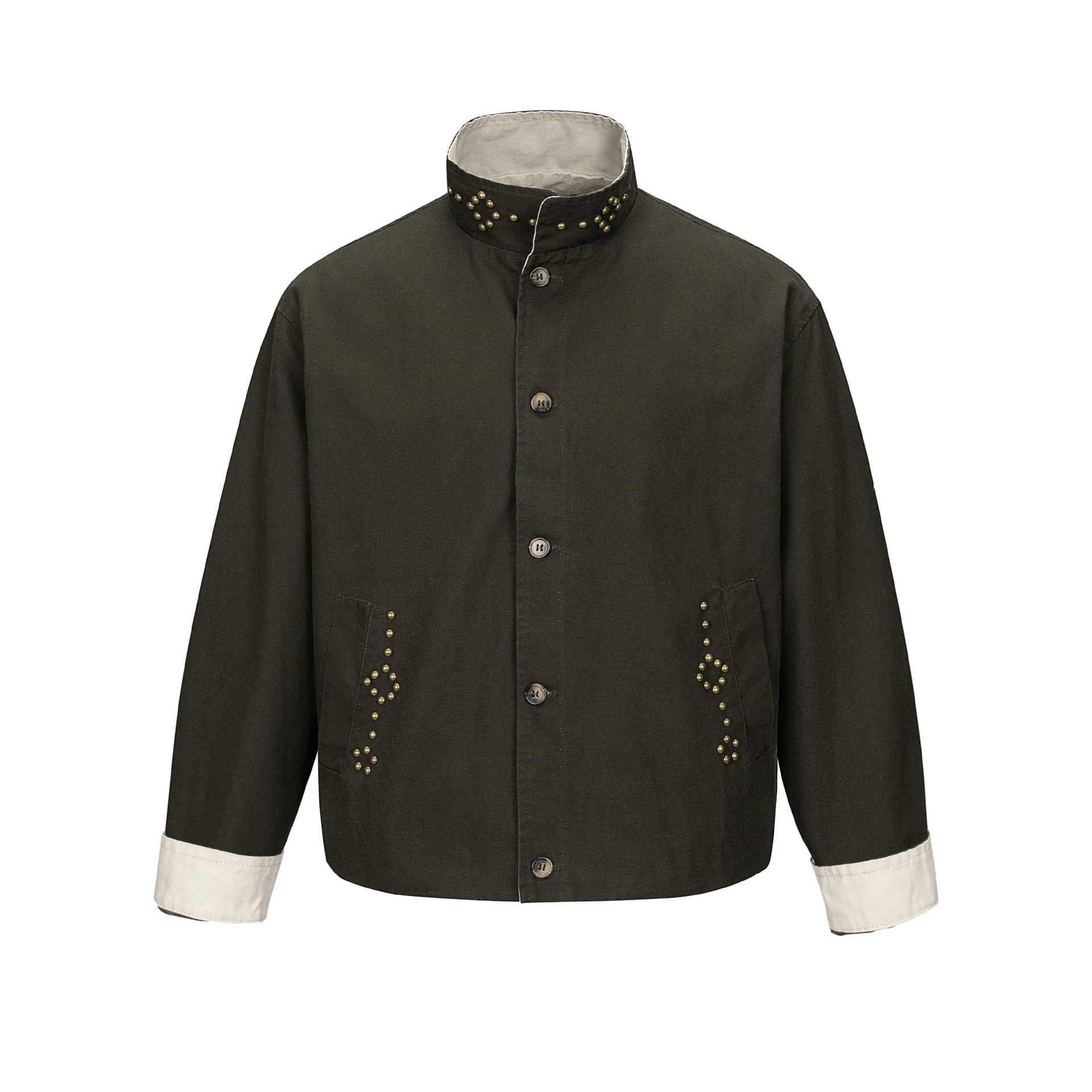 Unisex Short Blouson Jacket with High-Collar Studded Neck and Utility Pockets Chichicherry