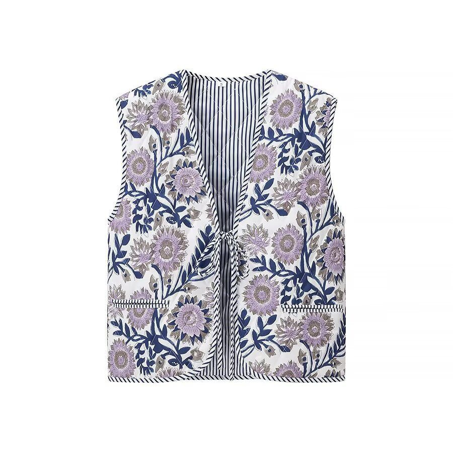 Women Padded Quilted Vest with Floral Allover Look and Tie Band Chichicherry