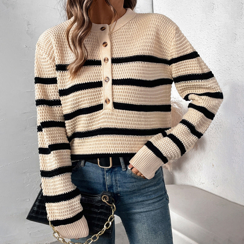 Women's Striped Waffle Knit Henley Sweater with Button Placket Chichicherry