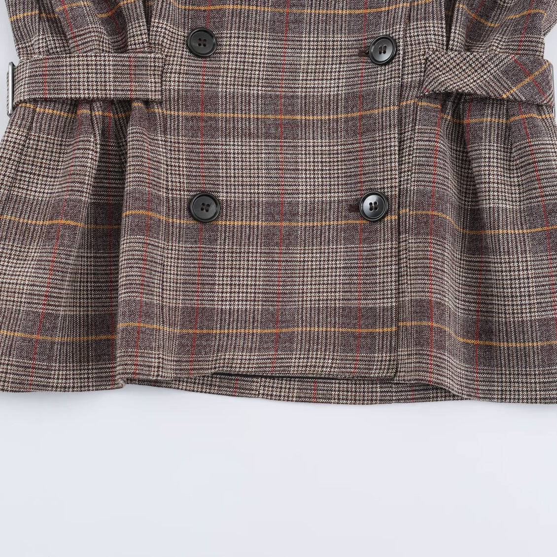 Ladies Short Double-Breasted Tailored Check Jacket with Stand Collar and Waist Straps Chichicherry
