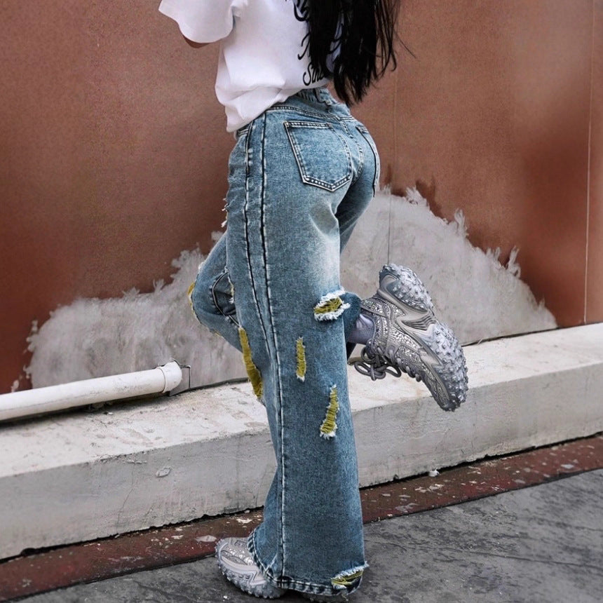 Women wide High-Waist jeans pants with destroyed details and contrasting lining Chichicherry