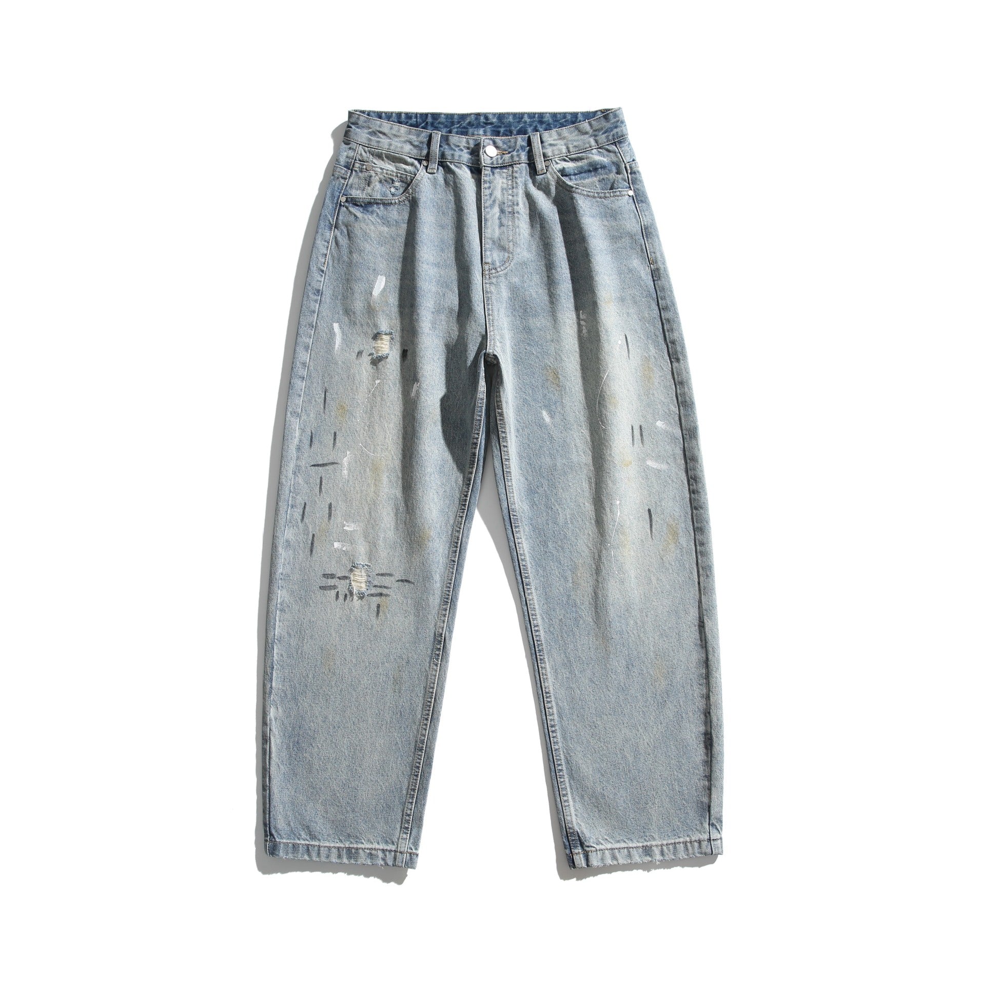 Unisex Casual Relaxed-Fit Jeans with High Waist and Paint-Distress Chichicherry