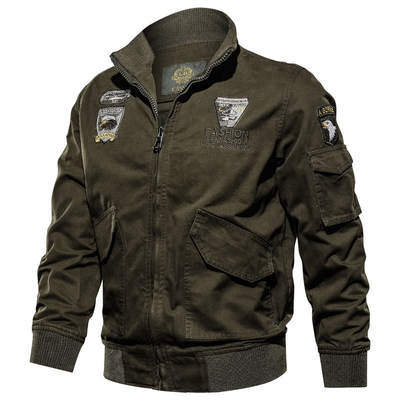 Men's Military Canvas Bomber Jacket with Embroidered Patches and Arm Pocket Chichicherry