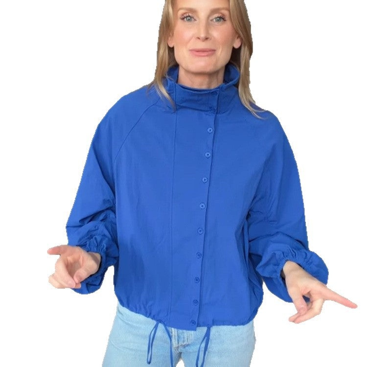 Women's Lightweight Windbreaker with Stand-up Collar, Snap Button Placket and Drawstring Chichicherry