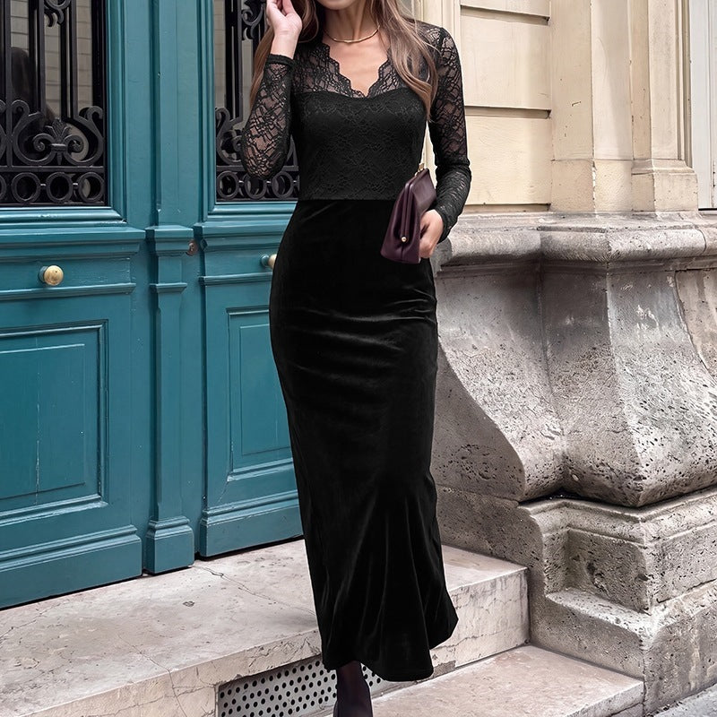 Women's evening dress with transparent lace sleeves, velvet skirt, and illusion heart neckline Chichicherry