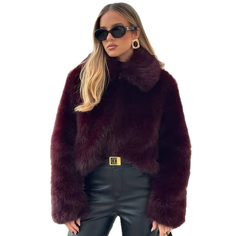 Women's Cropped Faux Fur Boxy Jacket with High Stand-Up Collar and Extra Soft Long Pile Chichicherry